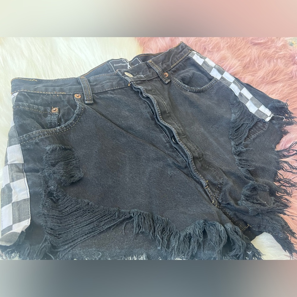 American Vintage Black Distressed Denim Shorts, Black-and-White Checkered Trim - Picture 2 of 10